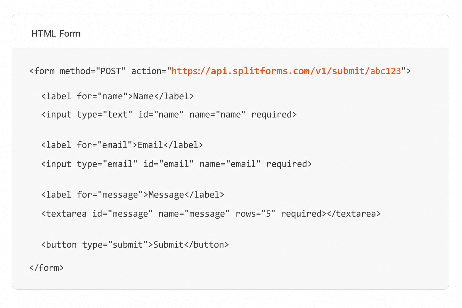 HTML form pointing at a SplitForms submit endpoint