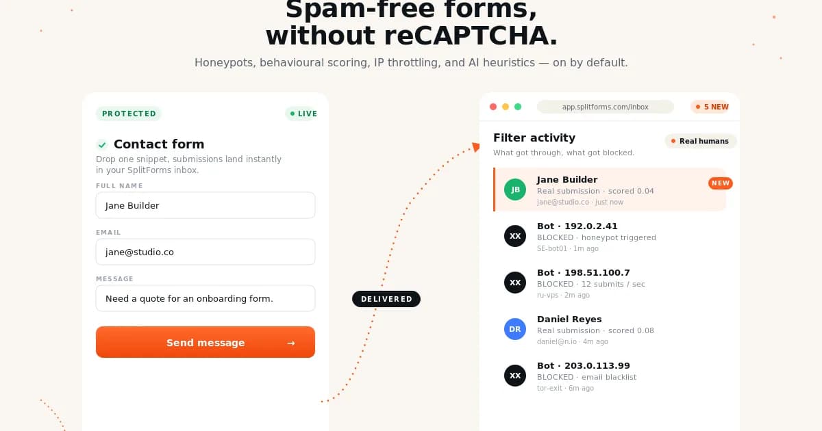 Spam Protection for splitforms — Honeypot fields, time-trap detection, IP rate limits, and content scoring stop bots before they hit your inbox — without a single CAPTCHA.