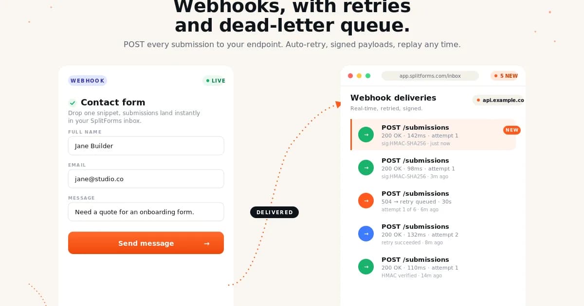 Webhooks for splitforms — Pipe submissions into your CRM, Slack bot, Postgres, or homemade Lambda — anywhere that speaks HTTP. Signed payloads, automatic retries, full inspection log.