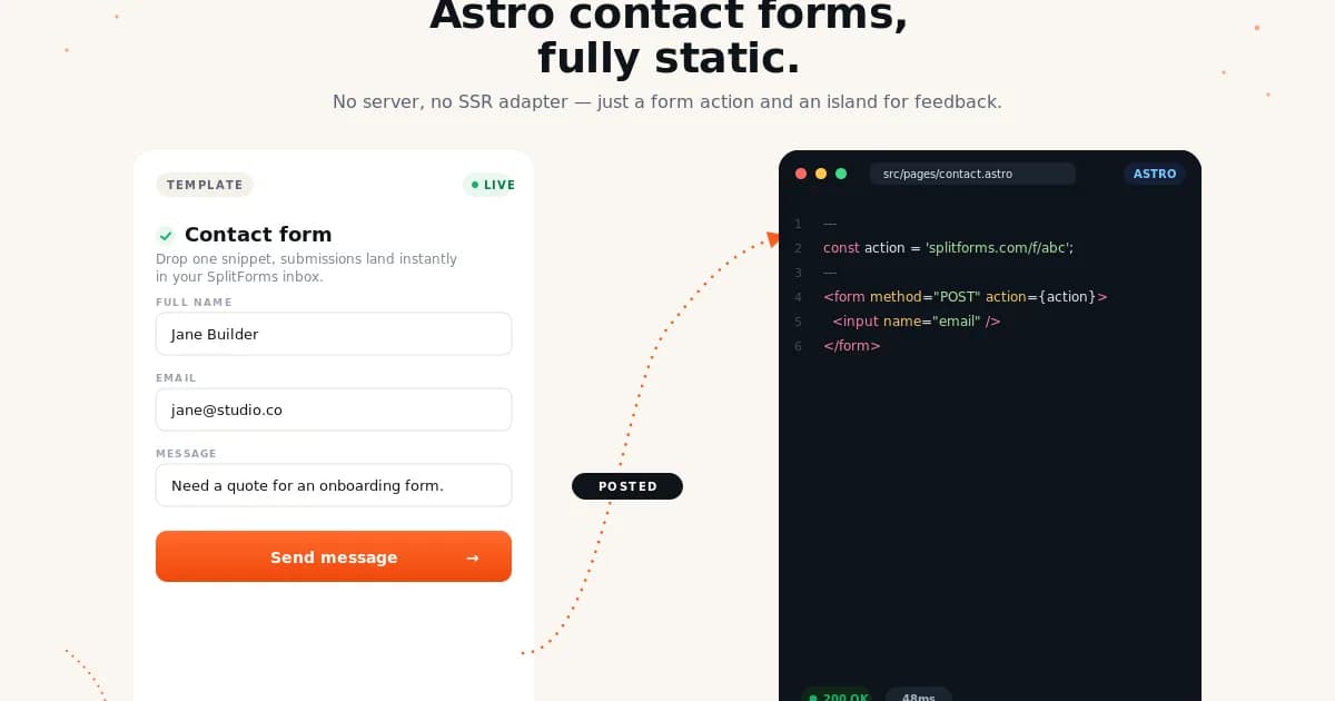 Astro contact form on Splitforms — drop-in form backend with spam filtering and webhooks