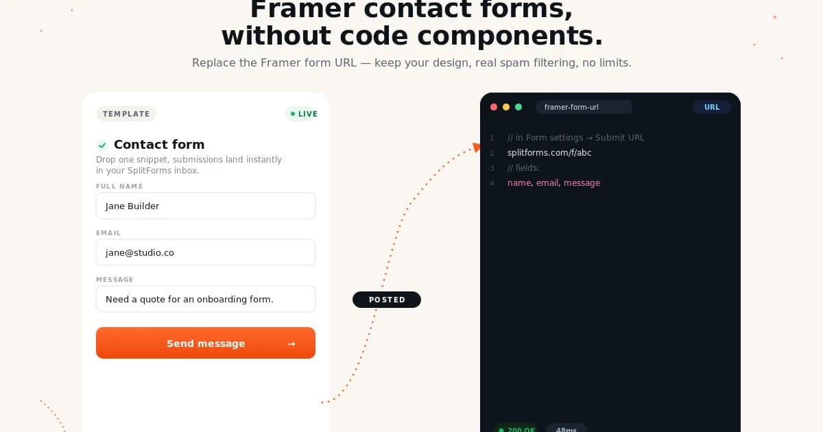 Framer contact form on Splitforms — drop-in form backend with spam filtering and webhooks