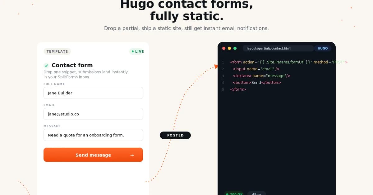 Hugo contact form on Splitforms — drop-in form backend with spam filtering and webhooks