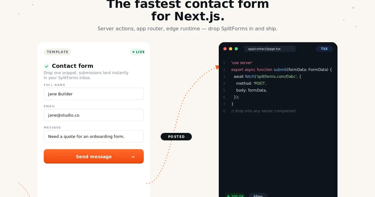 Next.js contact form on Splitforms — drop-in form backend with spam filtering and webhooks