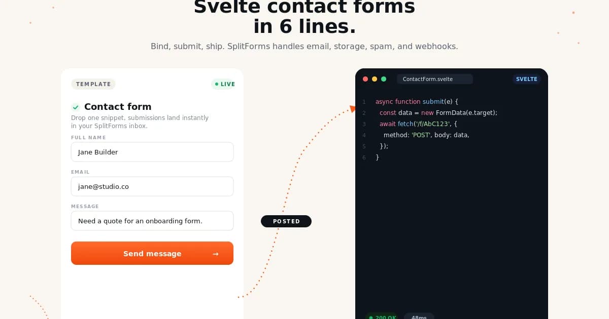Svelte contact form on Splitforms — drop-in form backend with spam filtering and webhooks