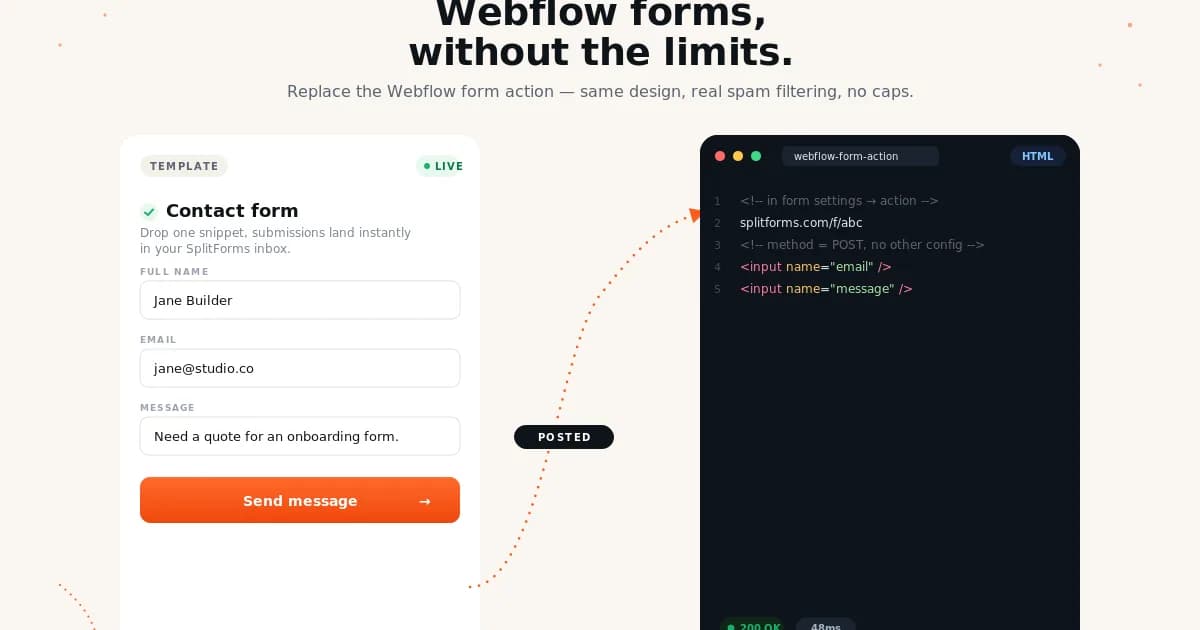 Webflow contact form on Splitforms — drop-in form backend with spam filtering and webhooks