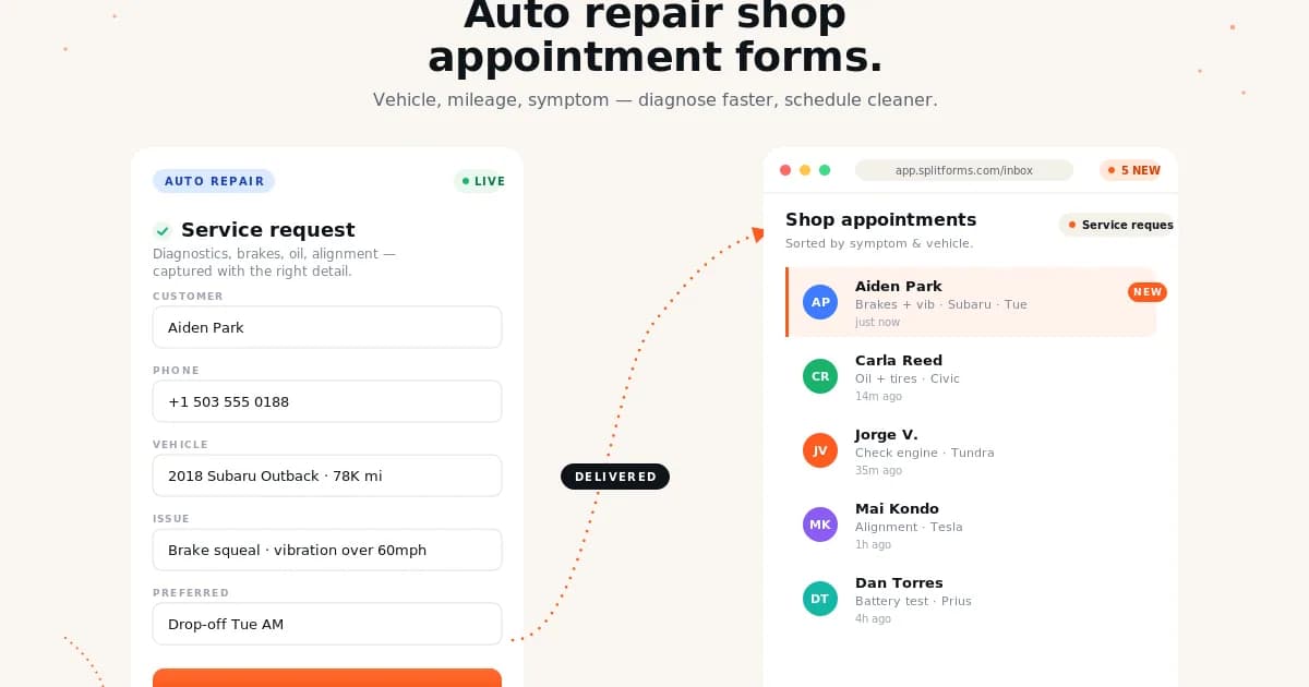 Auto Repair Quote & Appointment Form — example splitforms template with submissions inbox