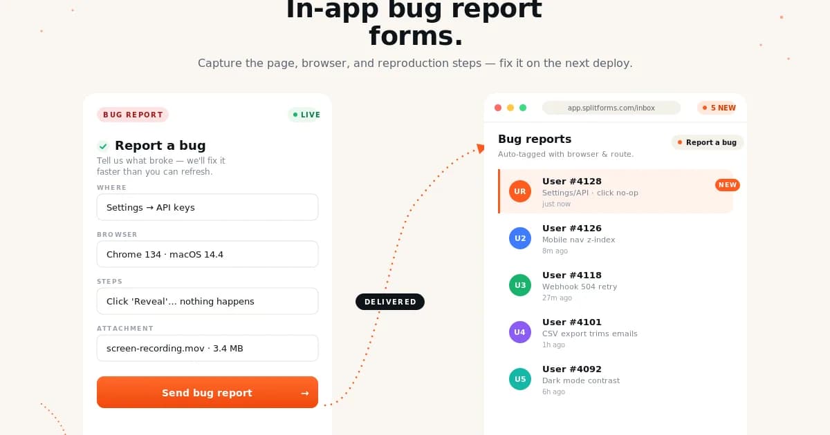 Bug Report Form (Issue Submission) — example splitforms template with submissions inbox