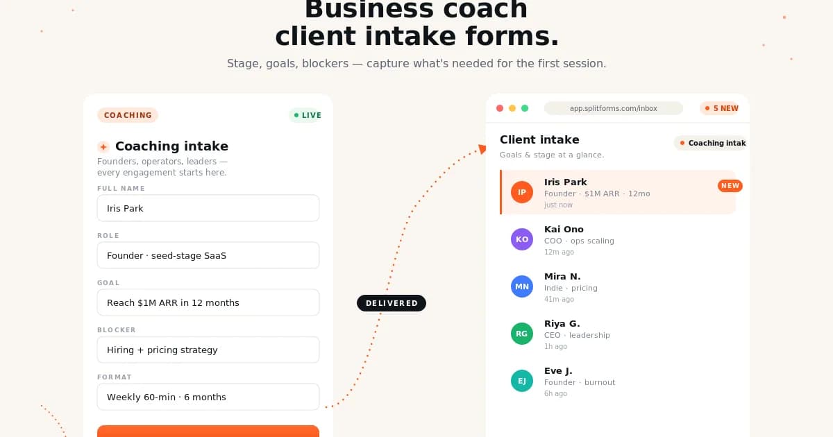 Business Coach Discovery Form (Life / Executive / Business Coach) — example splitforms template with submissions inbox