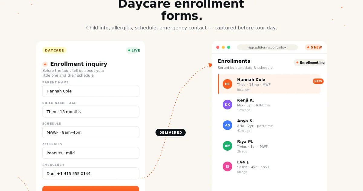 Daycare Enrollment Inquiry Form — example splitforms template with submissions inbox