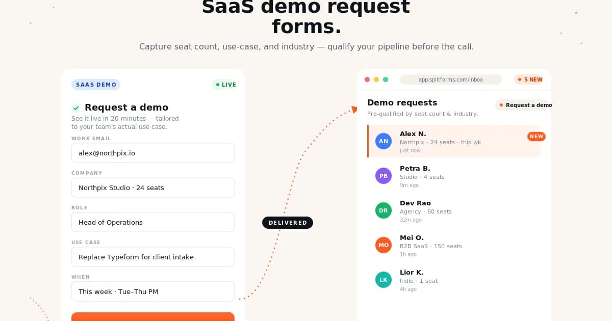 SaaS Demo Request Form (Sales Lead Capture) — example splitforms template with submissions inbox