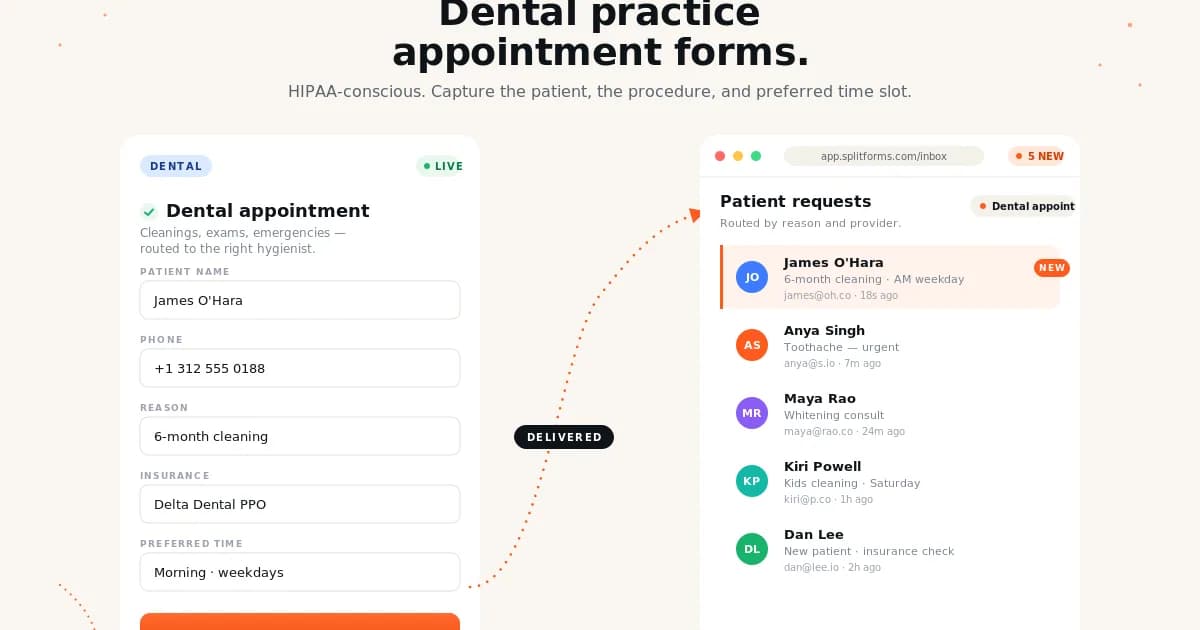 Dentist Appointment Request Form — example splitforms template with submissions inbox