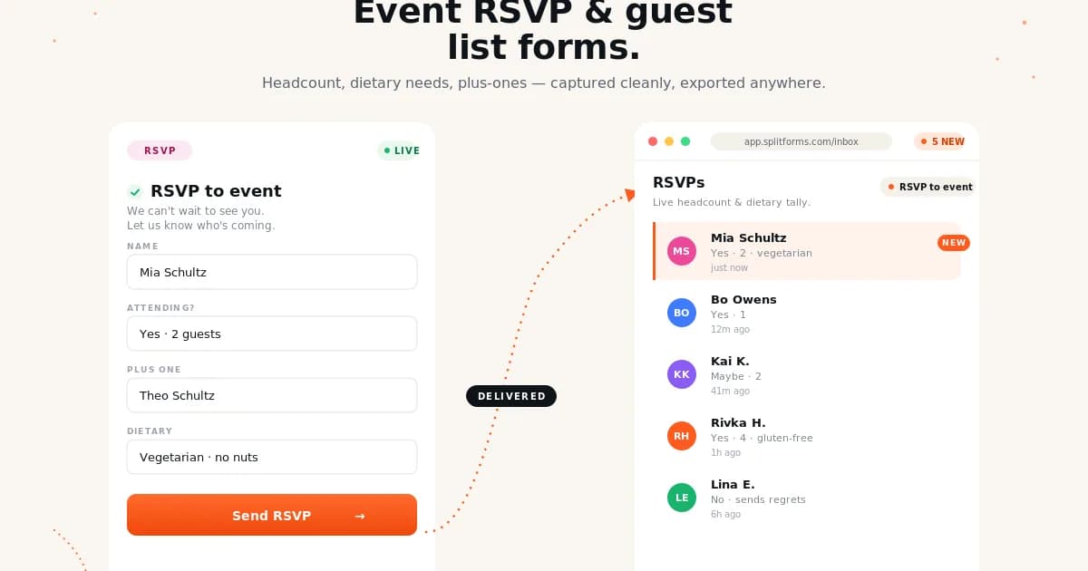 Event RSVP Form (Public / Private Events) — example splitforms template with submissions inbox