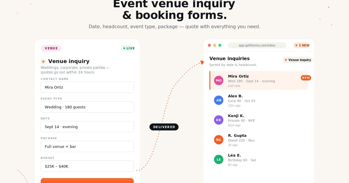 Event Venue Booking Inquiry Form — example splitforms template with submissions inbox