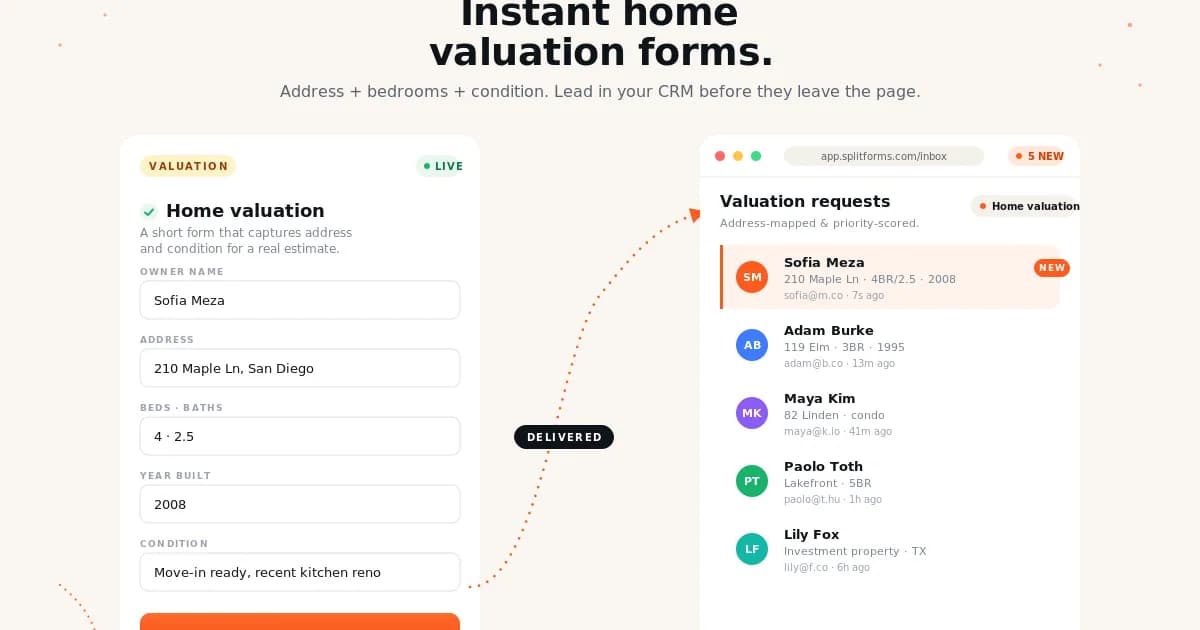 Home Valuation Form (Seller Lead Capture) — example splitforms template with submissions inbox