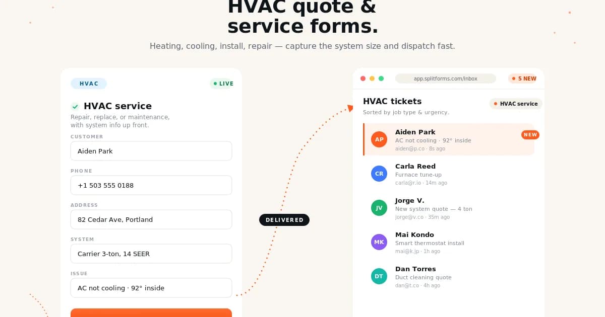 HVAC Service & Quote Request Form — example splitforms template with submissions inbox