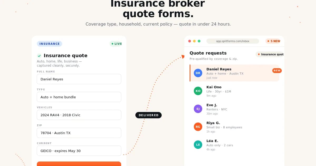 Insurance Broker Quote Request Form — example splitforms template with submissions inbox