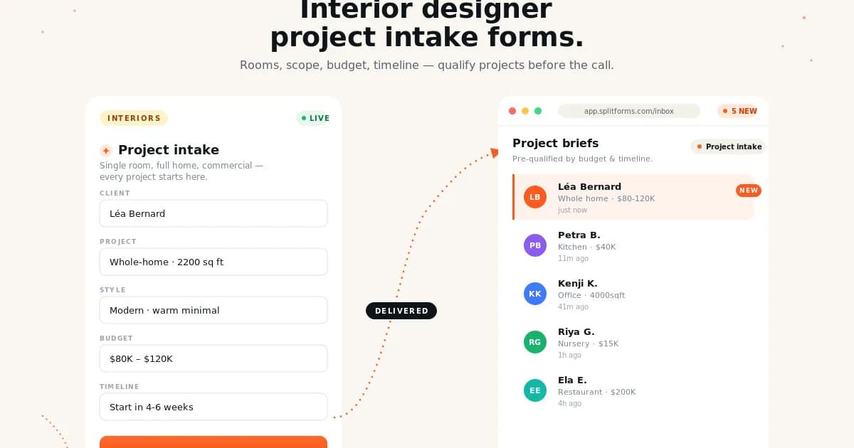 Interior Designer Project Inquiry Form — example splitforms template with submissions inbox