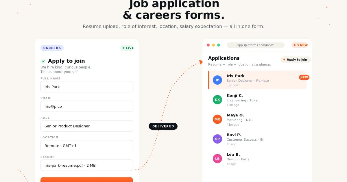 Job Application Form (Careers Page) — example splitforms template with submissions inbox