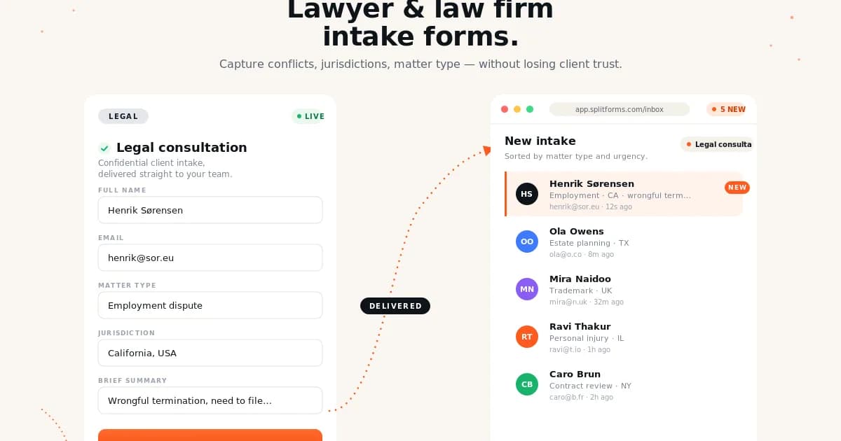 Lawyer & Law Firm Consultation Form — example splitforms template with submissions inbox