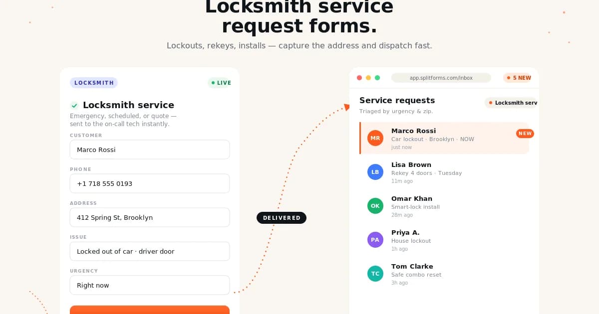 Locksmith Emergency Callout Form — example splitforms template with submissions inbox