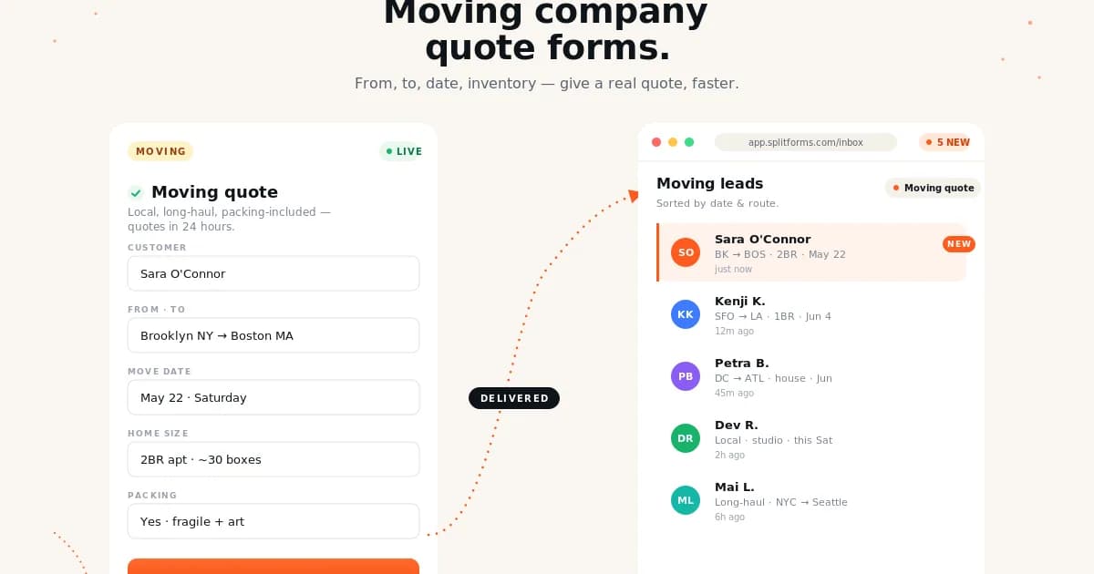 Moving Company Quote Form — example splitforms template with submissions inbox