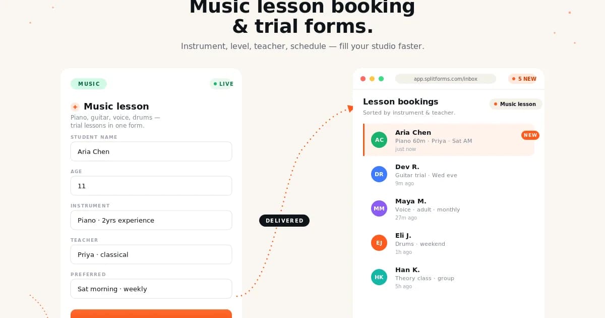Music Lessons Inquiry Form (Studio / Private Teacher) — example splitforms template with submissions inbox
