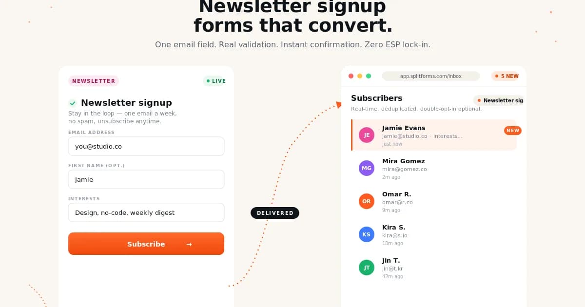 Newsletter Signup Form (Email Capture) — example splitforms template with submissions inbox