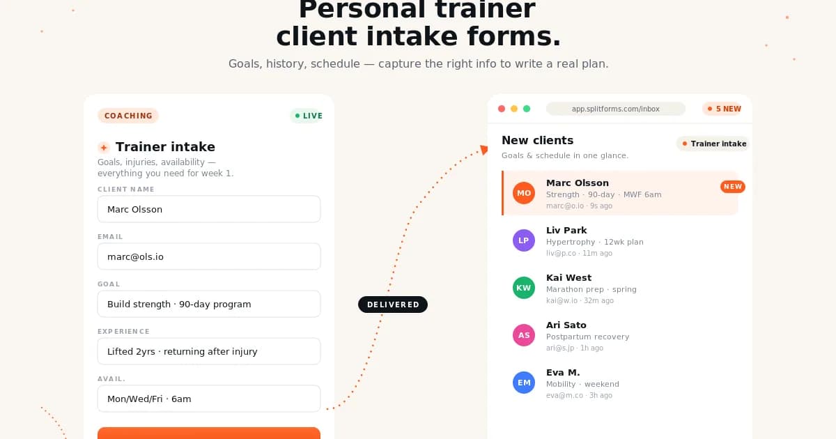 Personal Trainer & Gym Inquiry Form — example splitforms template with submissions inbox