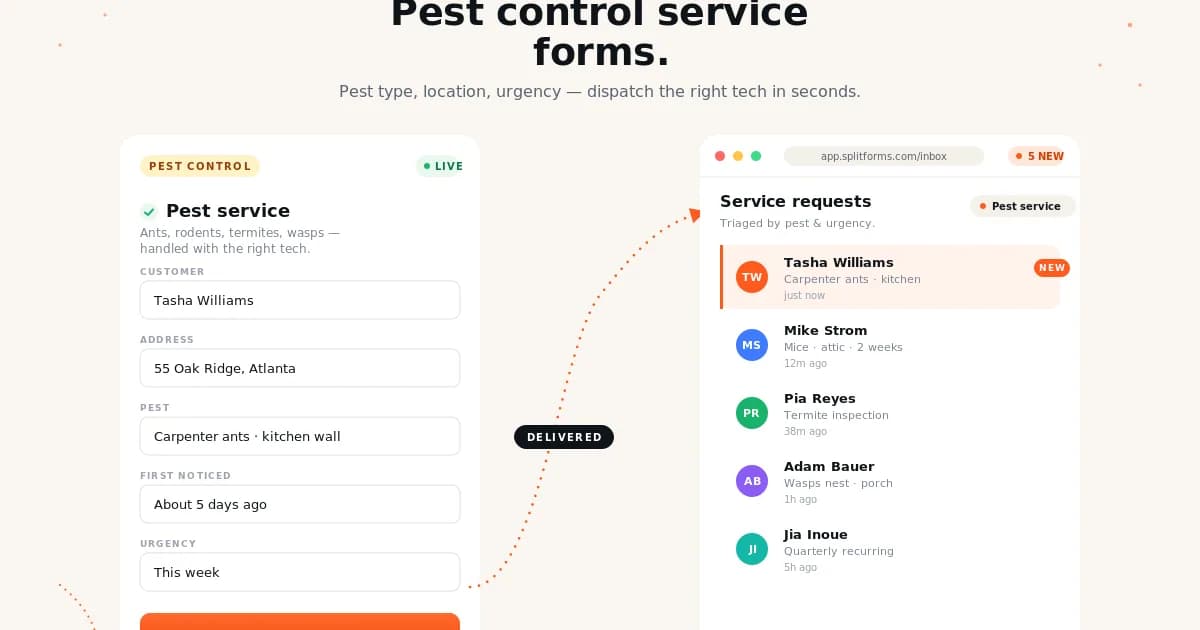 Pest Control Service Request Form — example splitforms template with submissions inbox