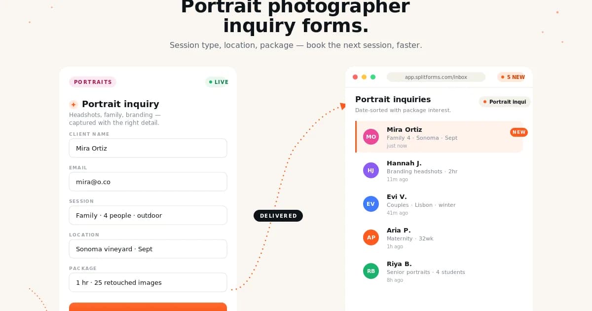 Portrait Photographer Inquiry Form — example splitforms template with submissions inbox