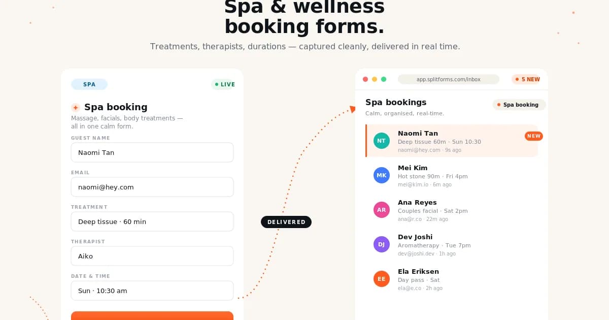 Spa & Massage Booking Form — example splitforms template with submissions inbox