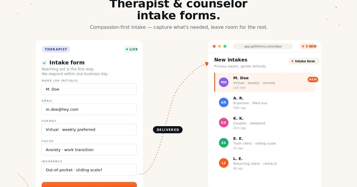 Therapist Contact Form (Counseling / Mental Health) — example splitforms template with submissions inbox