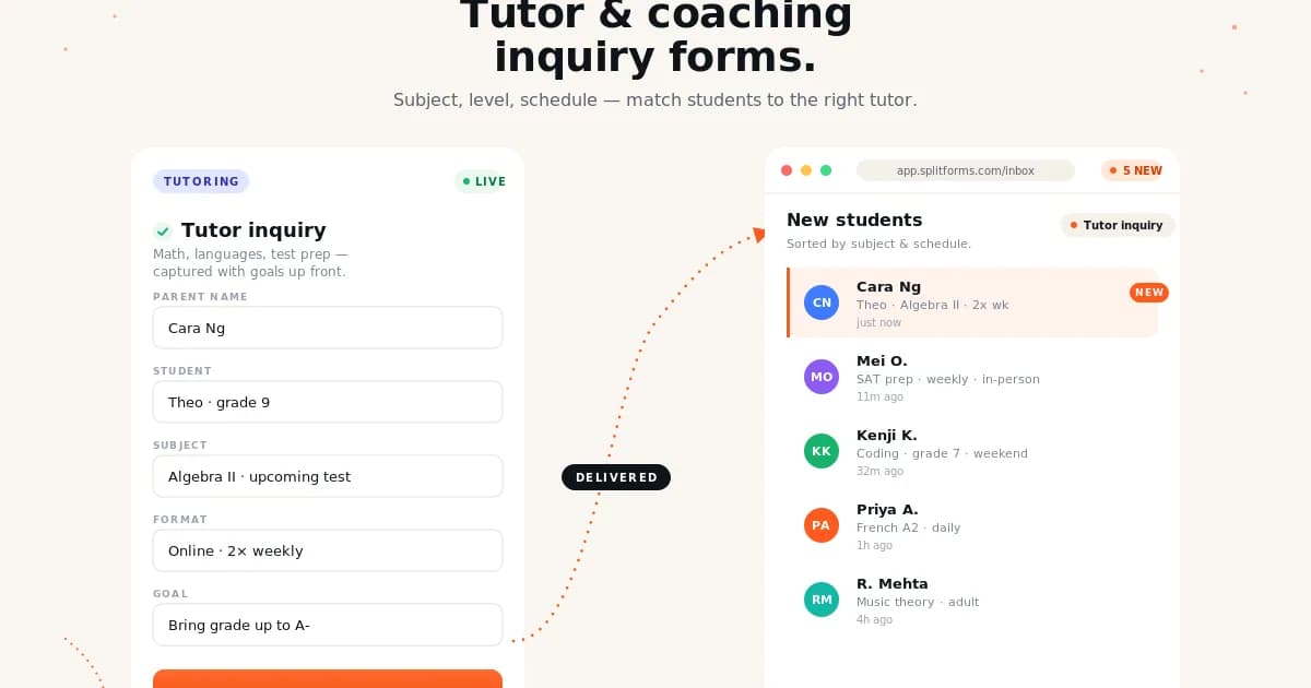 Tutor Inquiry Form (Academic Tutoring) — example splitforms template with submissions inbox