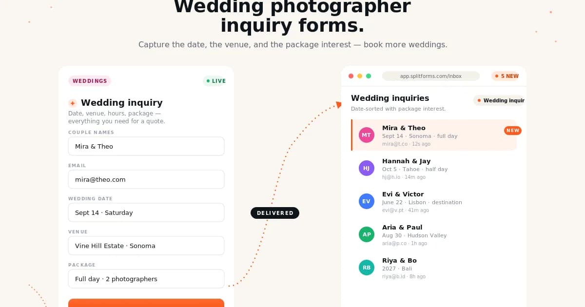 Wedding Photographer Inquiry Form — example splitforms template with submissions inbox
