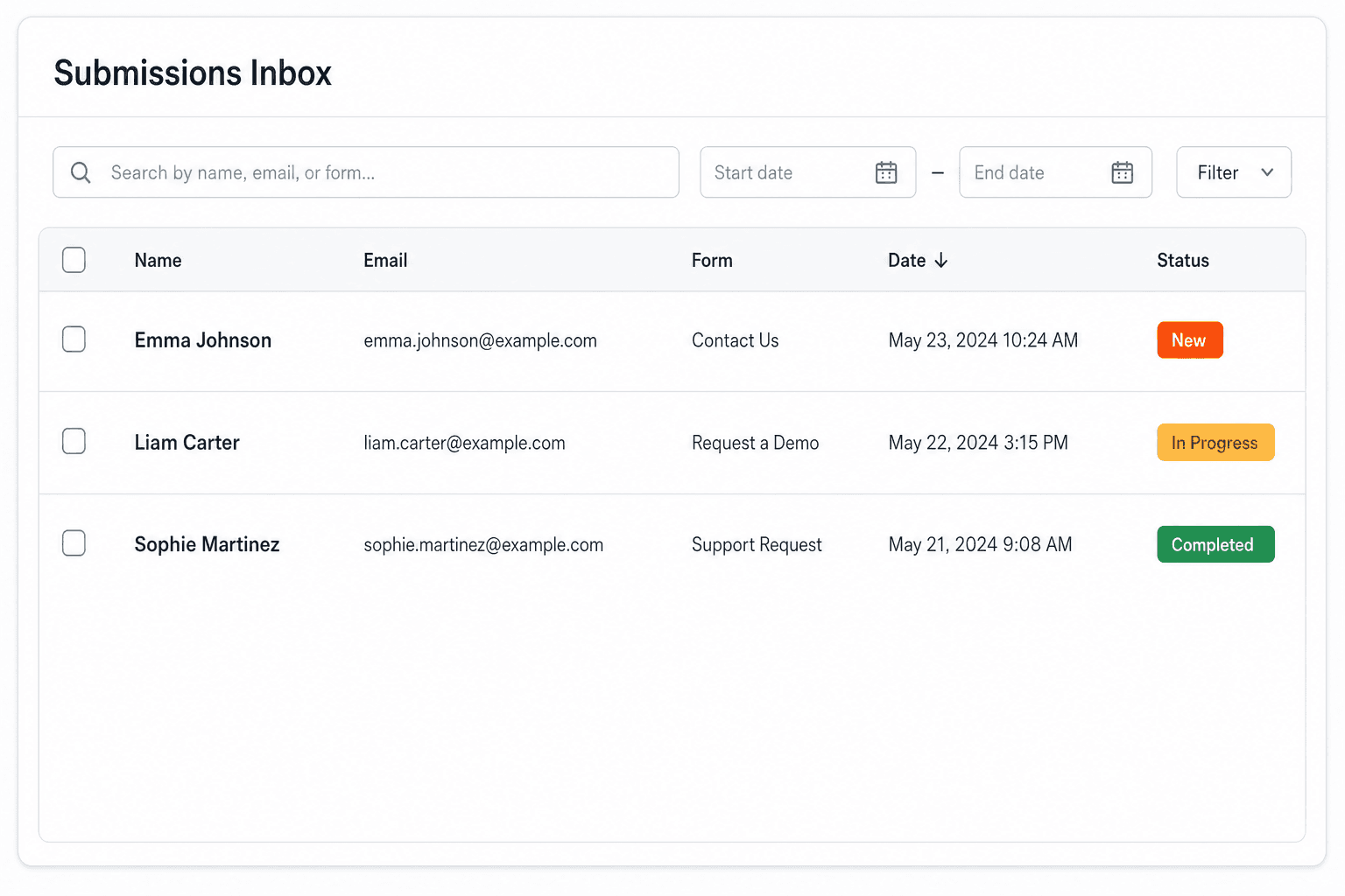 Submissions inbox with searchable leads and status pills