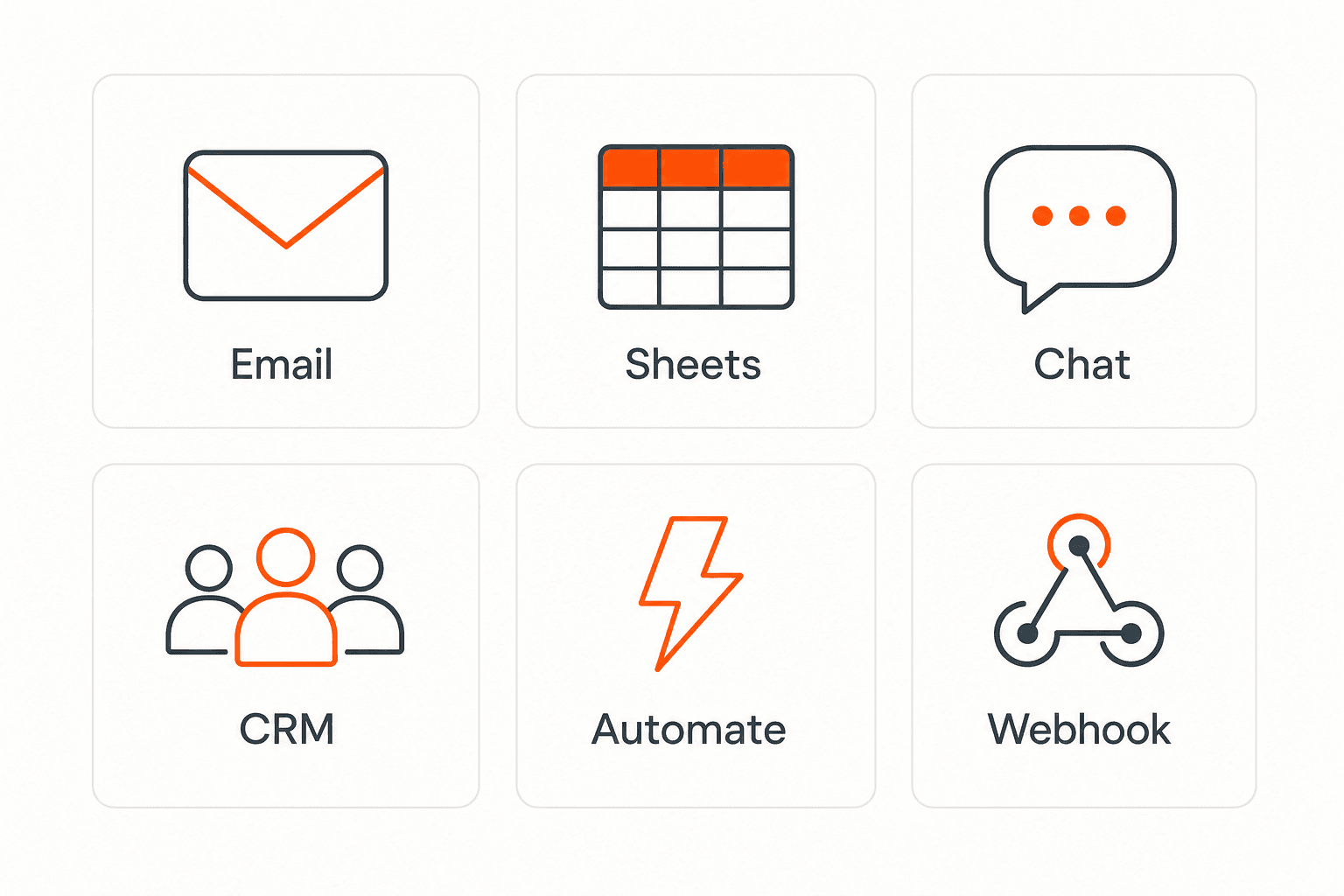 Generic integration tiles for email, sheets, chat, CRM, automate, and webhook