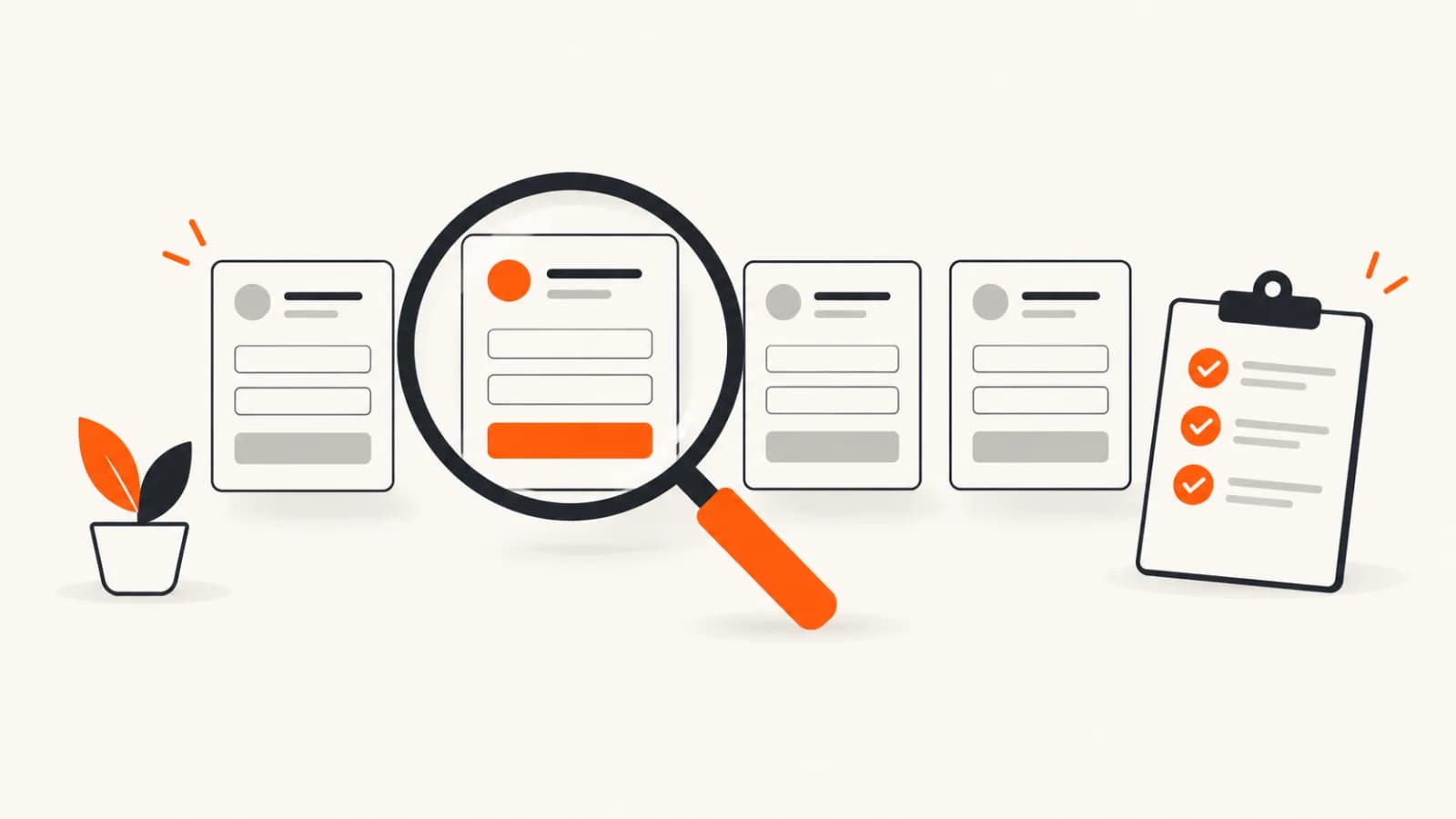 Illustration of several web forms in a row, one inspected under a magnifying glass, next to a checklist
