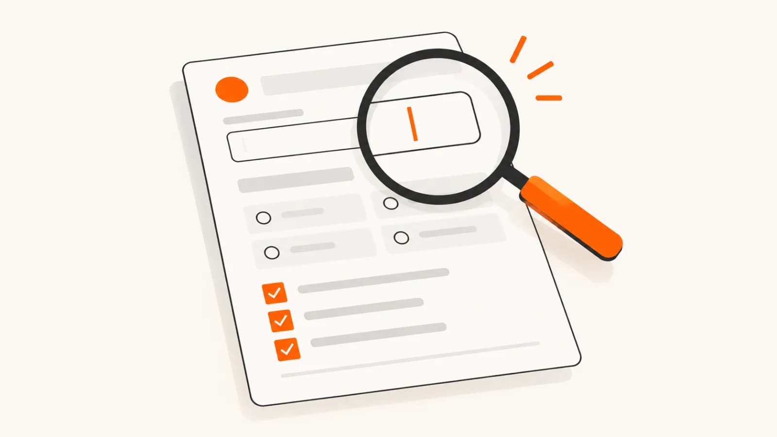 Illustration for our Tally review: a magnifying glass inspecting a web form, next to a checklist